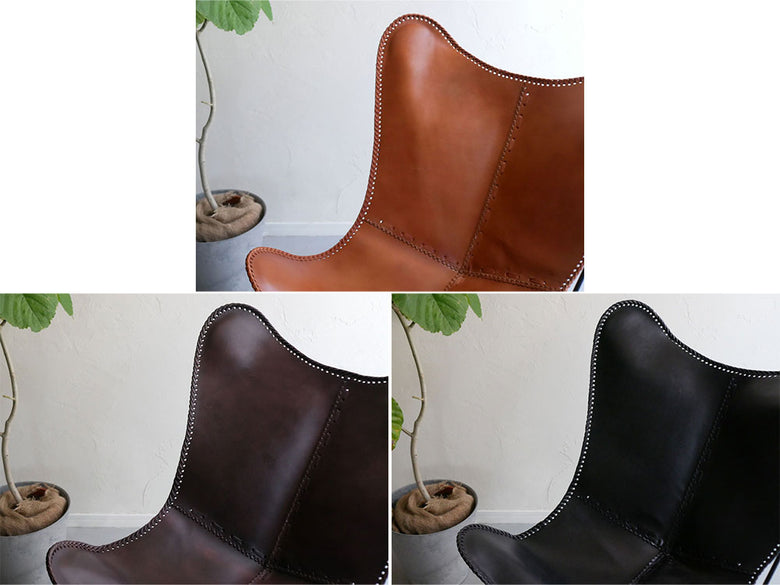 牛革とアイアンフレームのバタフライチェア