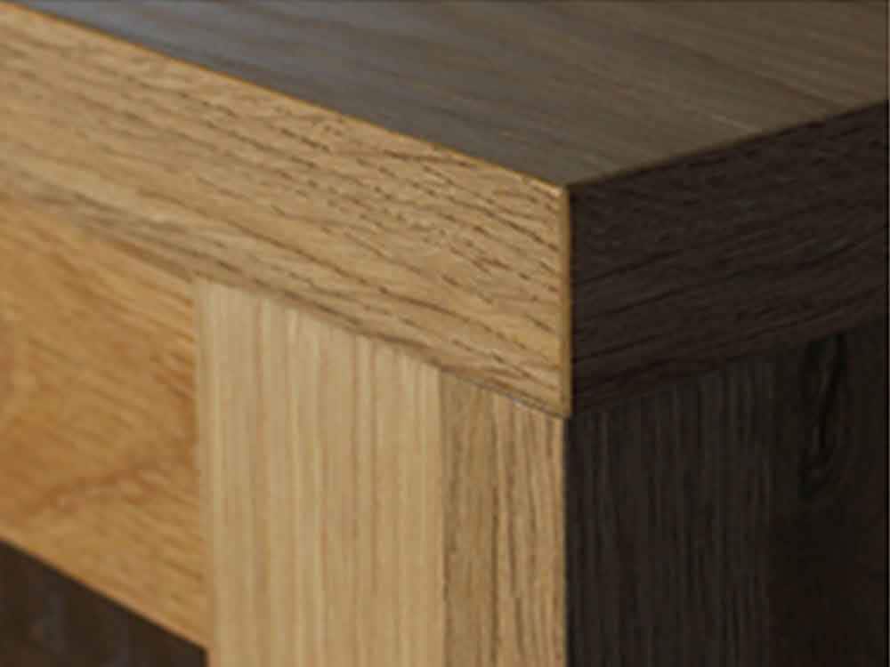 オーク無垢とスチール製のスライドガラスキャビネット