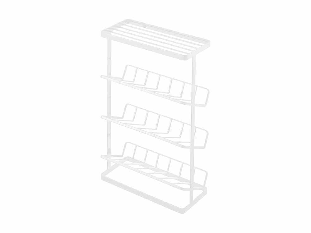 YAMAZAKI/tosca製タワー型バスボトルラック。スチール構造でフック2つとクッション4つが付属、サイズ約W28×D13×H44cm