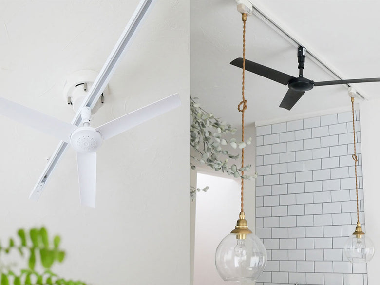 BRID（ブリッド）製ダクトレールファン DCプラス Φ50。直径50mmのABS製ファンがダクトレールに取り付けられている様子