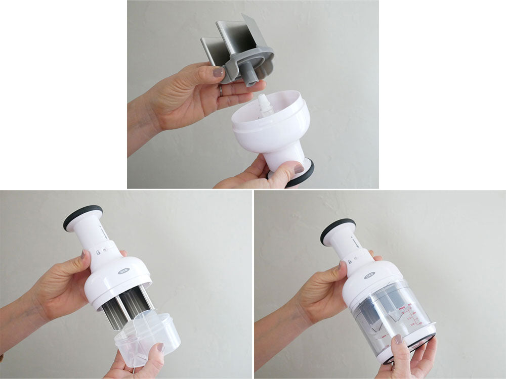 OXO/オクソーのキッチン用チョッパー本体と透明容器がセットされた調理器具の画像