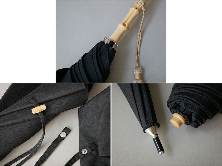 革製ストラップとロープ、バッグが付いた長傘