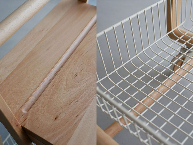 天然木ビーチ材使用のマッシュ リヴテーブルワゴン、上部にメッシュとスチール製収納バスケットを備えたスタイリッシュなデザイン