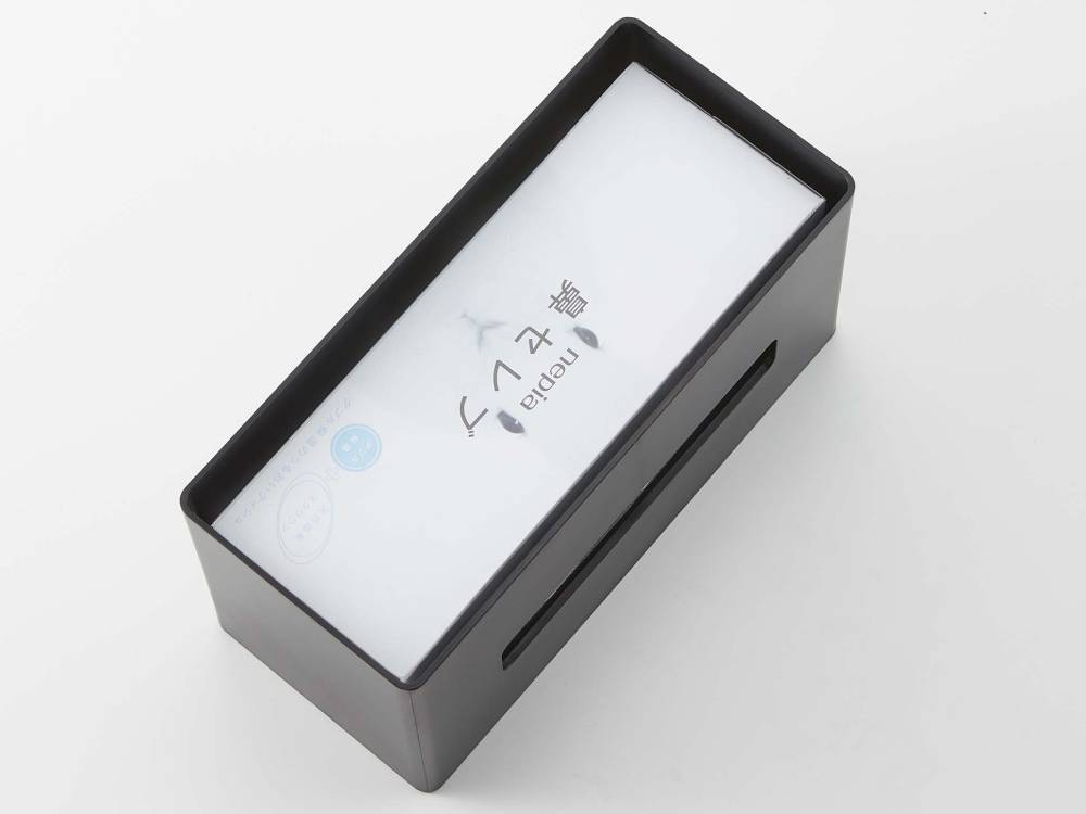 スマートデザインの両面ティッシュケース。ABS樹脂製で一般的サイズのティッシュボックスを2つ収納できるオフィス用収納ボックス
