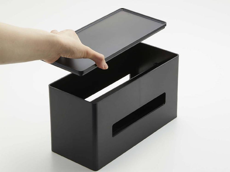 オフィス用のプラスチック製スマート両面ティッシュケースが引き出し内に置かれている様子