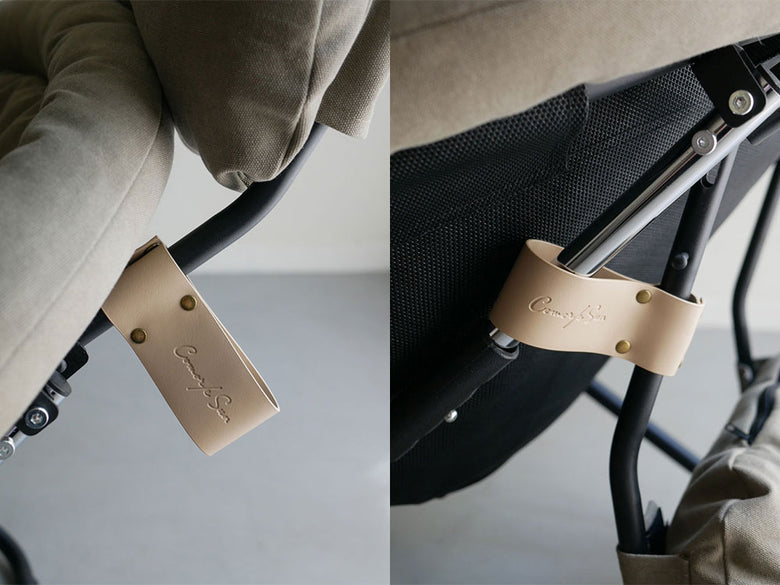 【Comore Sun】2wayフォールディングチェア。快適なレザー製アームレストとストラップを備えたキャンバス素材の椅子