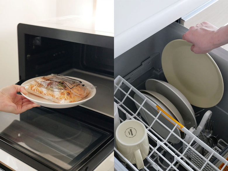 イッタラのティーマプレートに盛り付けられた料理とキッチン用品が並ぶキッチンシーンの画像