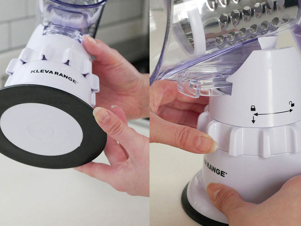 KLEVA/クレバー製クレバースライサー本体とステンレスドラム、ドラムホルダー、ハンドル、フードプッシャー、ピーラーなどの付属部品がテーブル上に整然と配置されている画像