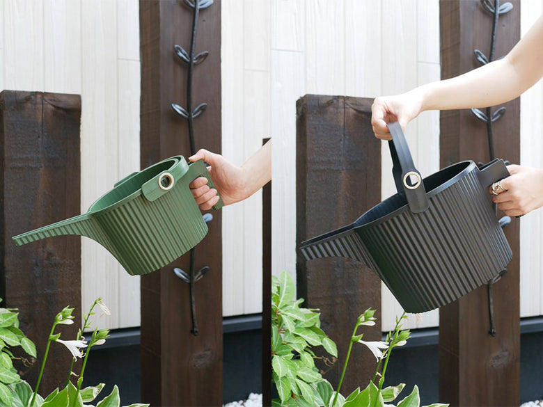 八幡化成のガーデンビートル フォンタナジョウロ、1.5Lと5Lのポリプロピレン製ジョウロが清潔に展示されている