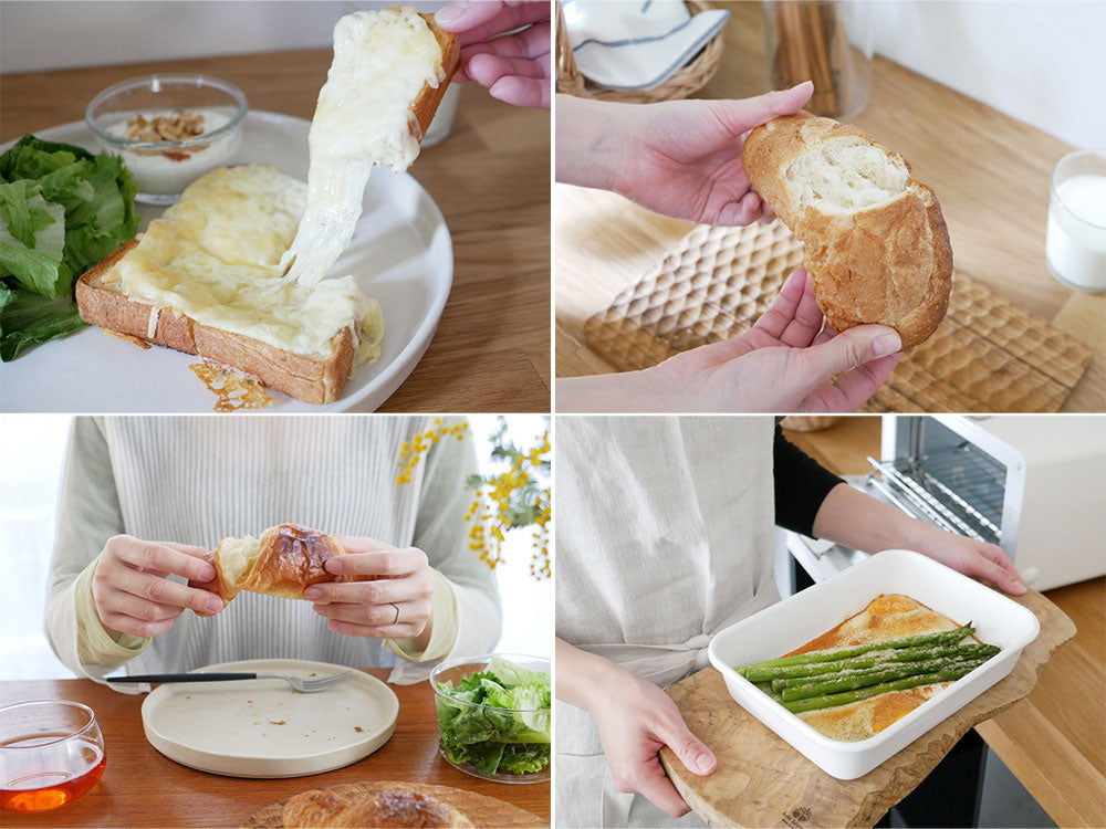 バルミューダ The Toaster Proとパン、包丁、まな板などがテーブルに並んだ調理シーン