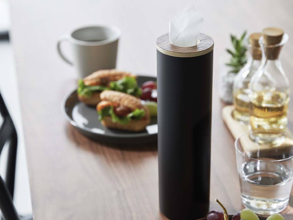 【RIN/リン】ボトル型ティッシュケース S。スチール本体と天然木蓋を使用したブラウンとブラックのデザイン。