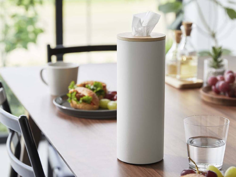 スチールと天然木を使用したボトル型ティッシュケース【RIN/リン】L。直径約9.2cm、高さ23.8cmのスタイリッシュなデザインで、キッチンやリビングに最適です。