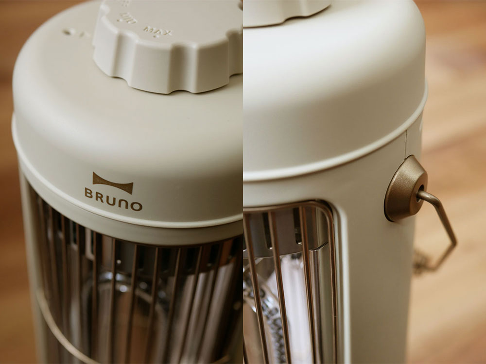 BRUNO/ブルーノのノスタルジックなミニカーボンヒーター。プラスチックとスチール製の円筒型家庭用電気暖房器具。