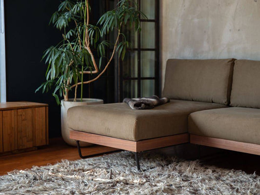 木製フローリングのリビングルームに置かれたアデペシュのウェルメカウチソファと観葉植物
