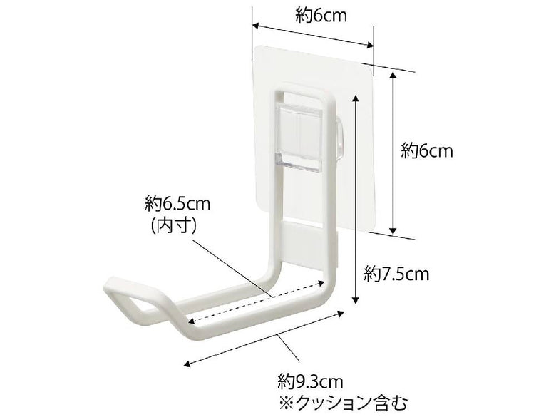 タワー製フィルムフックトイレ用品収納フックが白いタイル壁に取り付けられている様子