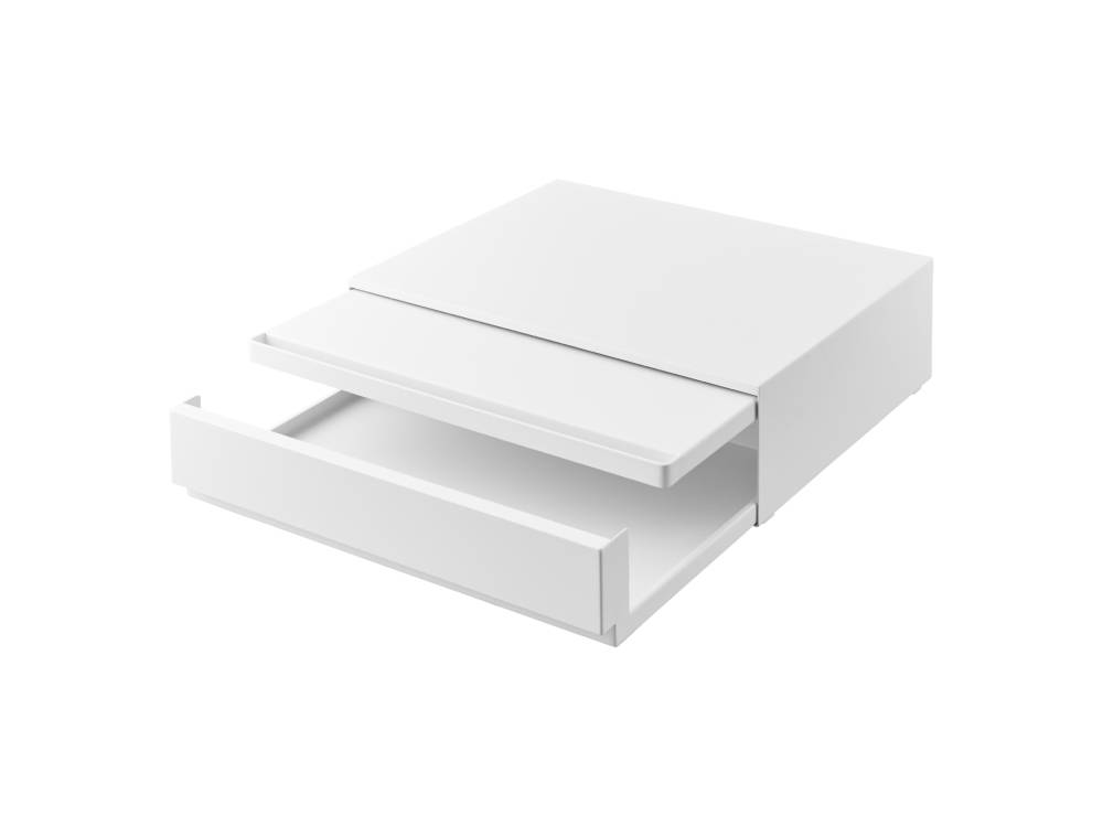 リビングルームに配置されたツーウェイタワー型キッチン家電下引き出しとスライドテーブルを備えたデザイン性の高い収納ユニット