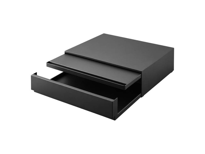 シルバーのツーウェイキッチン家電下引き出しとスライドテーブル付きデスク、オフィス用品や家電を収納できるコーヒーテーブル