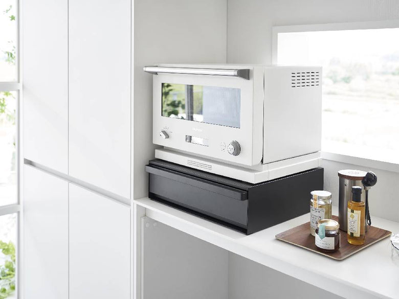 ツーウェイ キッチン家電下引き出しとスライドテーブルを備えたタワー型キッチン家電収納装置