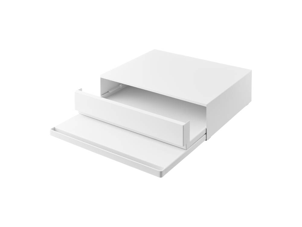 ツーウェイ キッチン家電下引き出しとスライドテーブルを備えたタワー型家具。白色で複数の引き出しと棚が整然と配置されているデザイン。