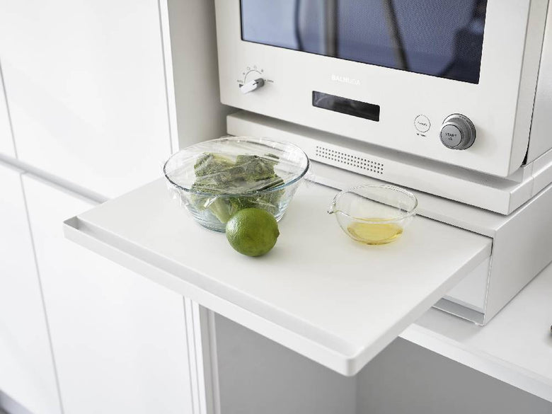 ツーウェイ キッチン家電下引き出し＆スライドテーブル タワー W80 ホワイトのスチール製キッチン収納家具