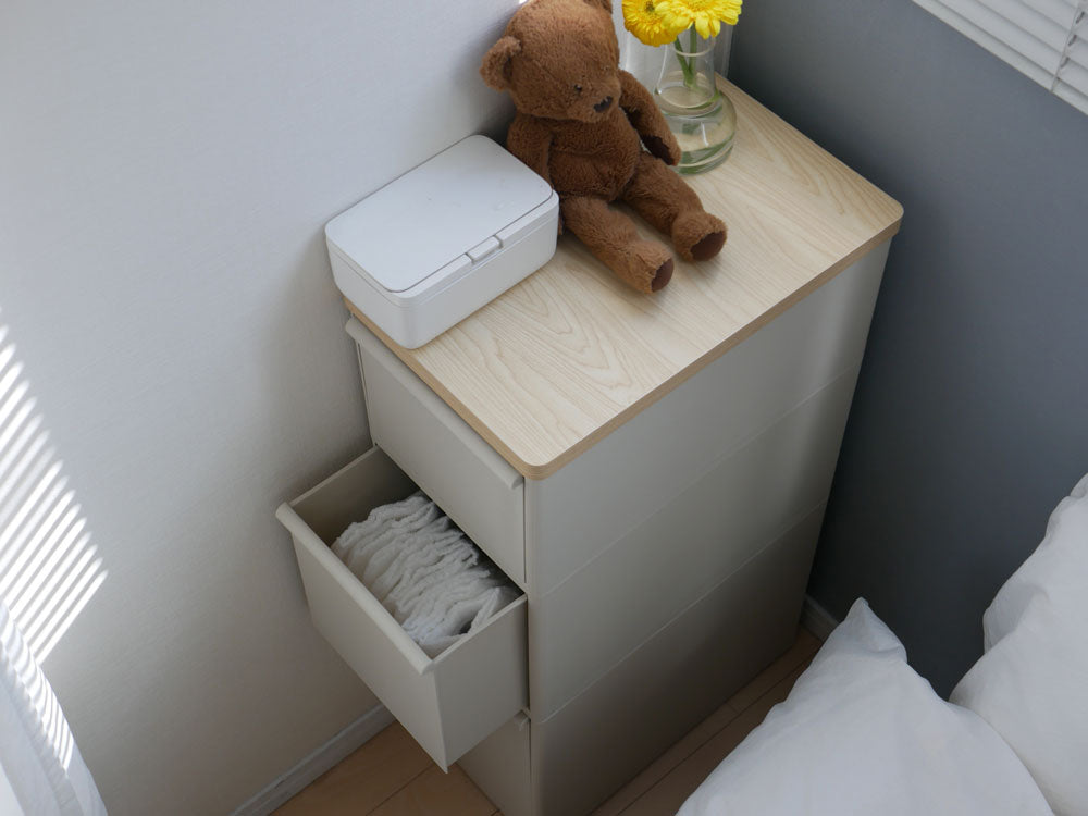 ライクイットの天板付きスリムストレージストッカー、木製天板と複数の引き出しを備えたコンパクトな収納キャビネット