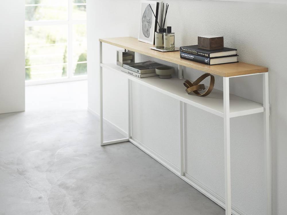 【tower/タワー】ソファー裏コンソールテーブル 棚付き、木製天板とスチールフレーム