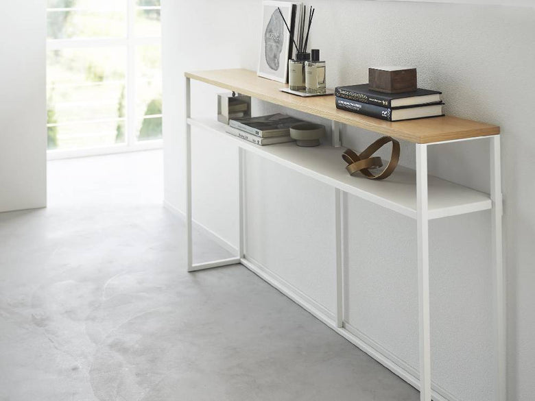 【tower/タワー】ソファー裏コンソールテーブル 棚付き、木製天板とスチールフレーム