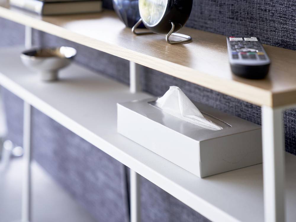 リビングルームのソファー裏に置かれた棚付きスチール製コンソールテーブル「tower」