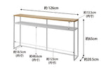 スチールフレームと天然木天板を使用した棚付きソファー裏コンソールテーブル。幅126cm、高さ65cmのシンプルでモダンなデザインがリビングや書斎に最適です。