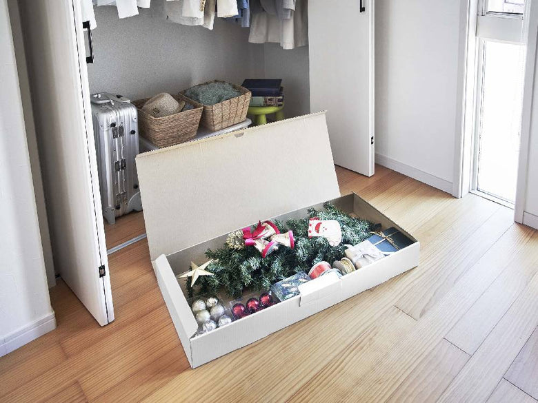 木製の着物収納ボックスが木のフローリングの上に配置され、周囲に観葉植物やキャビネットが並ぶ室内の様子