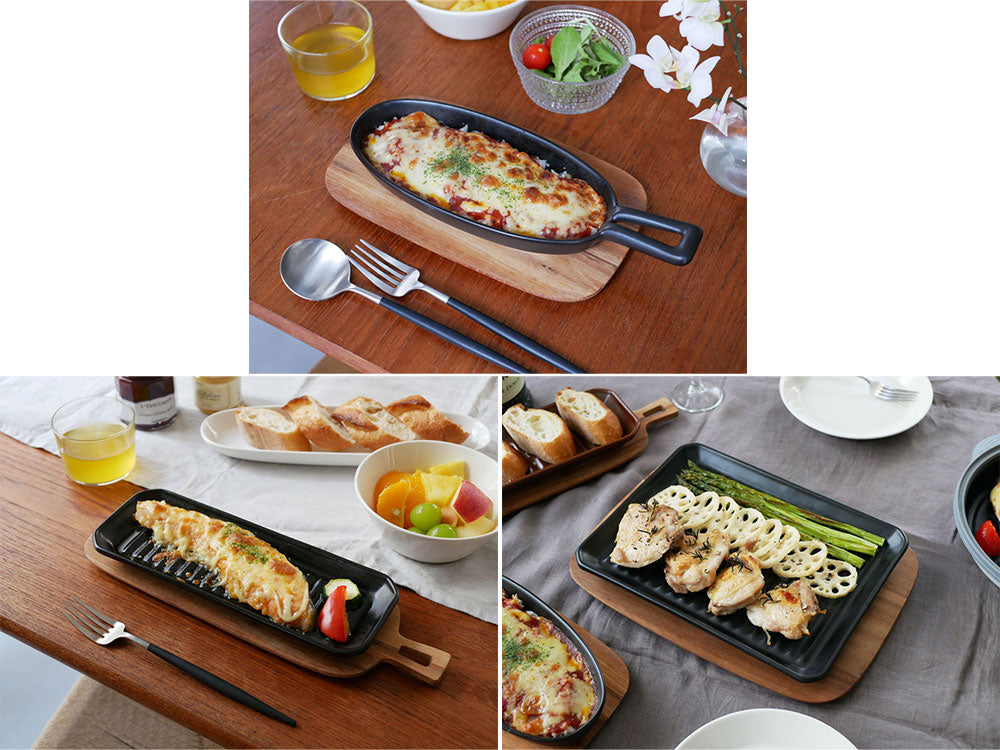 IBUKICRAFTの耐熱陶器グリルプレート上で新鮮な野菜が焼かれている様子