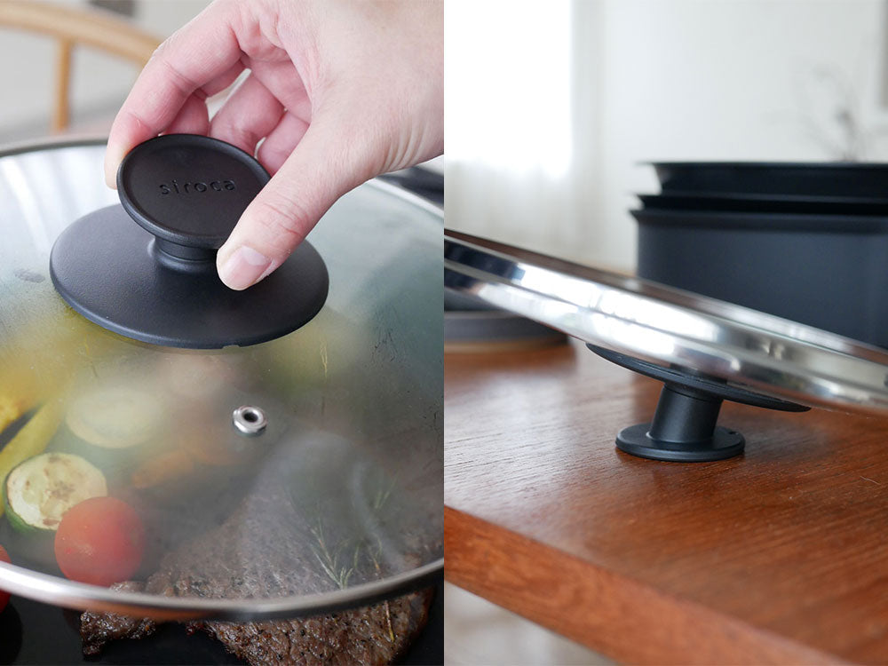 シロカの多彩なおうちいろりキッチンセット。プレート、土鍋、焼き網、蓋などの調理器具と食器が整然と配置されている