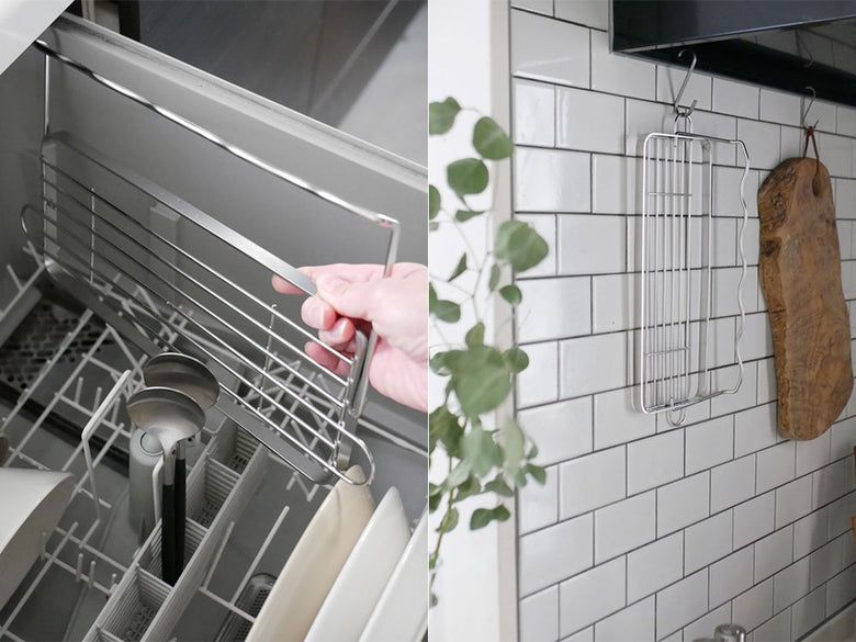 キッチンのカウンタートップに置かれた灰色の18-8ステンレス製折りたたみジャグボトルスタンド