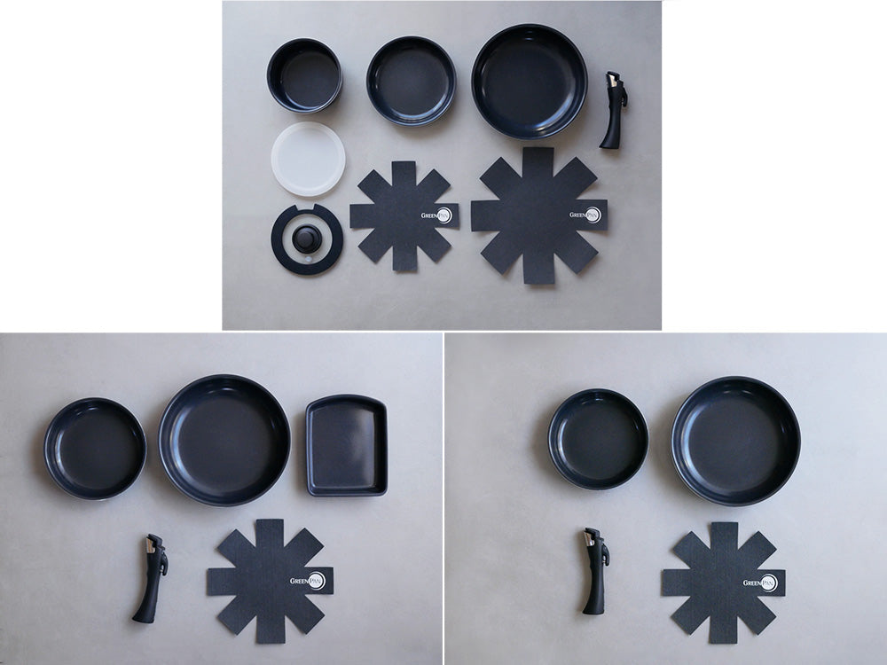 グリーンパンのクリックシェフシリーズ調理器具セット。アルミニウム製のフライパン、ソースパン、エッグパン、ガラス蓋などが整然と並べられた静物写真