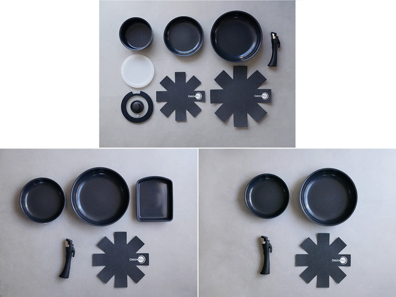 グリーンパンのクリックシェフシリーズ調理器具セット。アルミニウム製のフライパン、ソースパン、エッグパン、ガラス蓋などが整然と並べられた静物写真