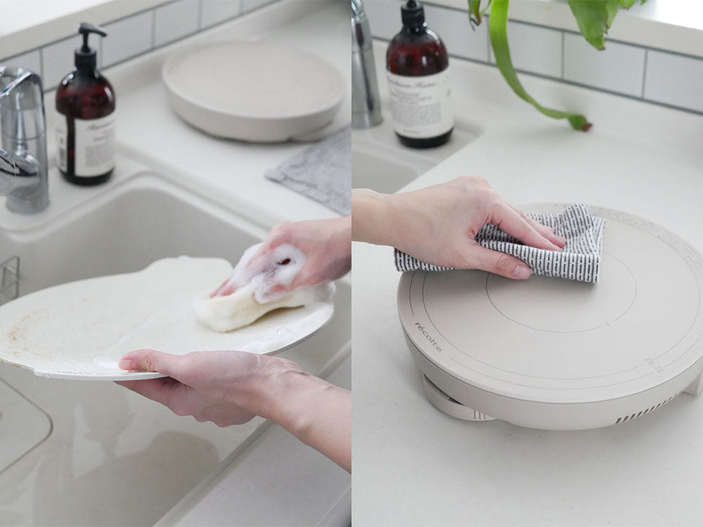 レコルトの卓上IHクッキンググリドルとIHヒーター、グリドルプレート、電源コード、スタンドが整然と並んだ写真