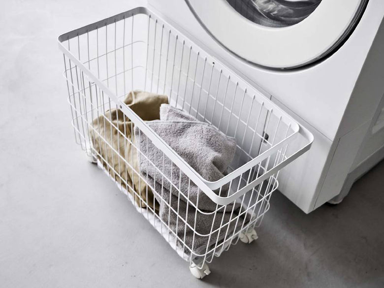 キャスター付きスチール製ランドリーバスケット、シルバー色で大容量35リットルの洗濯物収納カート