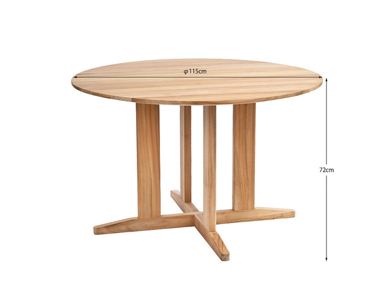 チーク無垢材とサンフラワーラタンで作られたアウトドア用ラウンドダイニングテーブルと椅子のセット