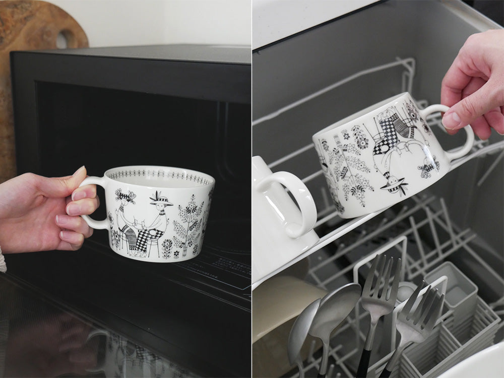 アラビア エミリアシリーズのベージュ磁器製マグカップとカップ。300mlと400mlの容量があり、食洗機、電子レンジ、オーブン、冷凍庫に対応しています。