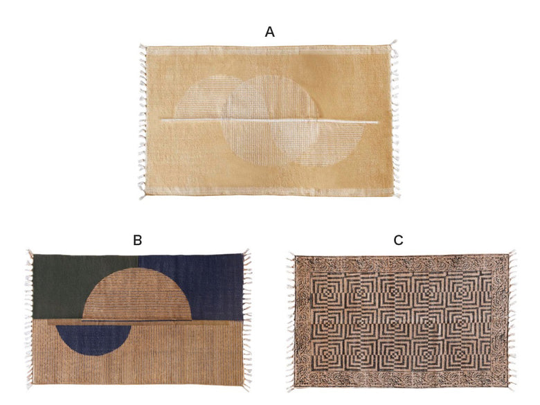 アデペシュのブラウン色マニエールコットンラグ。織り模様と細かなステッチが特徴の天然ウーブンファブリック製。