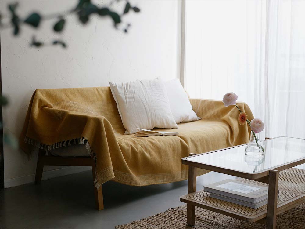 アデペシュのマニエール コットンラグがウッドフローリングのリビングルームに敷かれ、ソファやクッションと調和したインテリア空間。