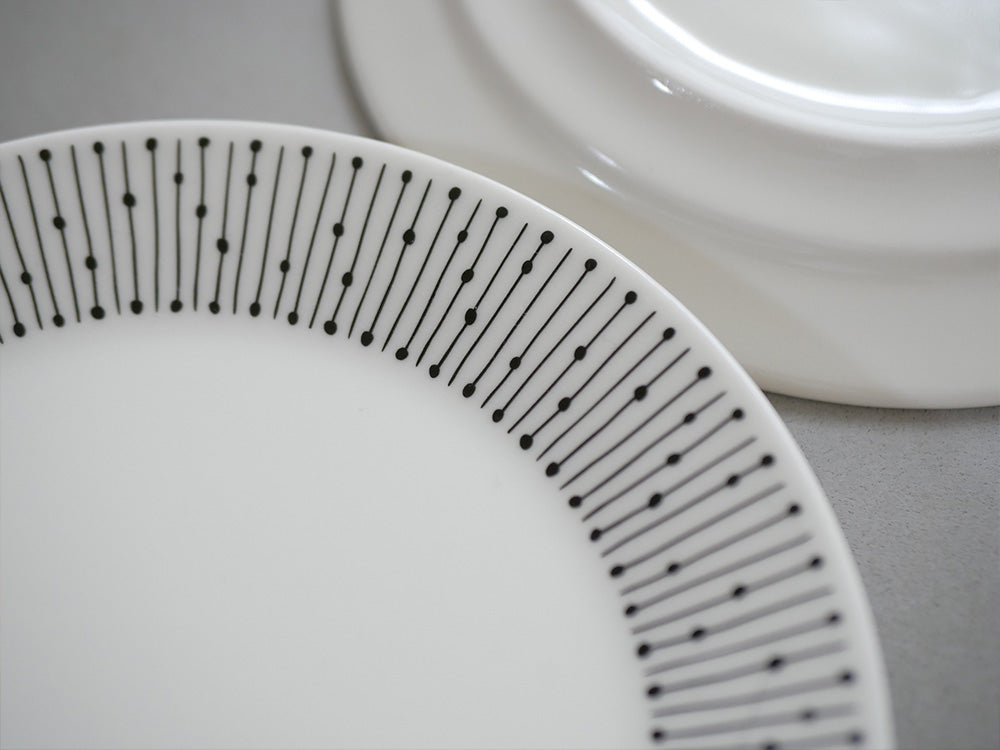 アラビアマイニオシリーズの磁器製プレート。ベージュ色で150周年記念のバックスタンプが入っています。