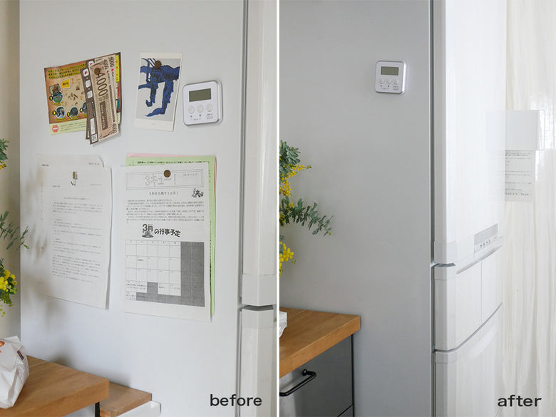 タワー社のマグネット冷蔵庫横隠せるスライドスチールパネルが冷蔵庫に取り付けられている様子