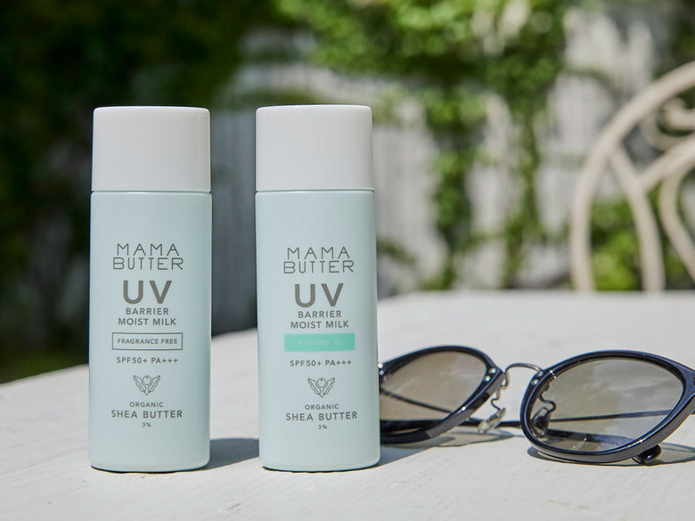 ママバターのUVカットモイストクリームとミルクが並んだ化粧箱入りの商品写真