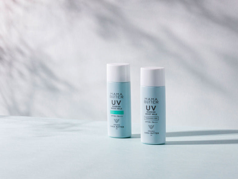 ママバターの無香料UVカットクリームとミルクが入った化粧箱のパッケージ
