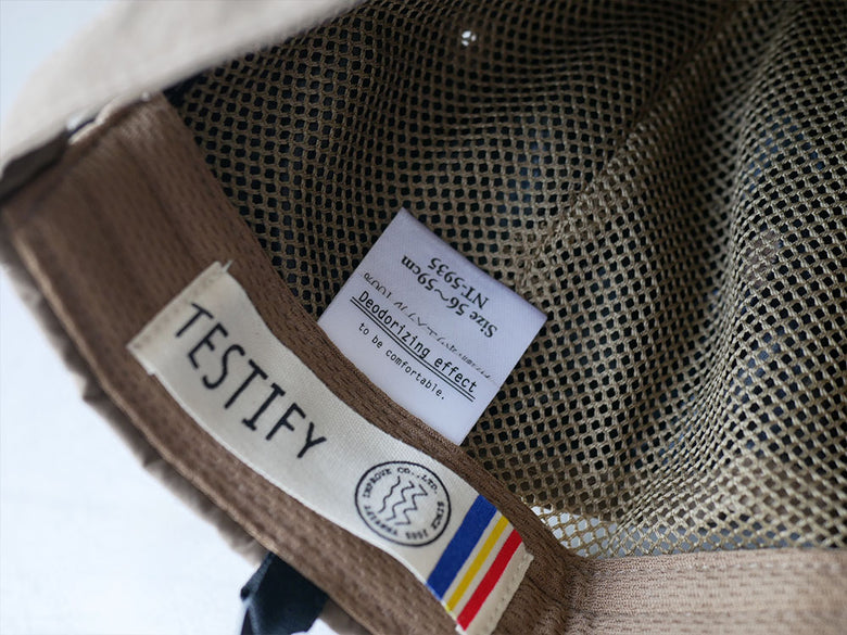 IMPROVE TESTIFY 撥水機能付き黒色バケットハット。メッシュ素材でサイズ調節可能なキャップタイプ。