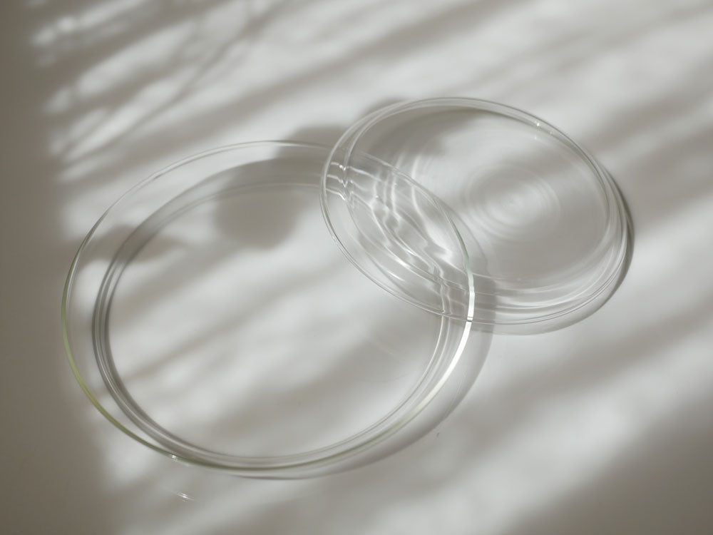 トレンドグラス イエナの透明ホウケイ酸ガラス製Glass Plate。小、中、大の各サイズが揃った食卓用ガラスプレート