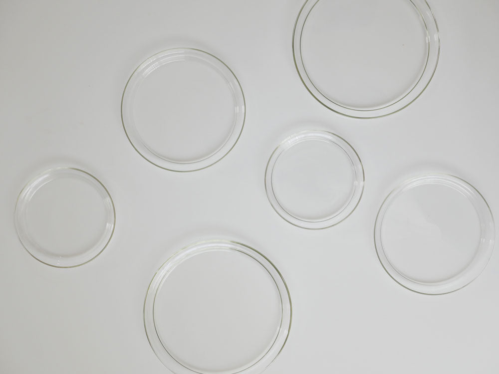 ドイツ製ホウケイ酸ガラスの透明な「Glass Plate」小型サイズ。ペトリ皿や実験器具と共に展示されている製品写真。