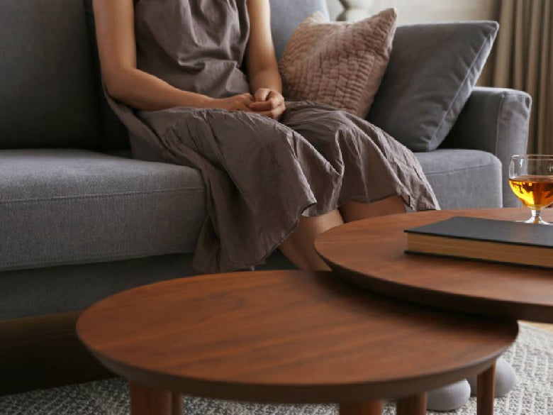 高野木工のLEOソファと木製コーヒーテーブルが配置された快適なリビングルームのインテリア