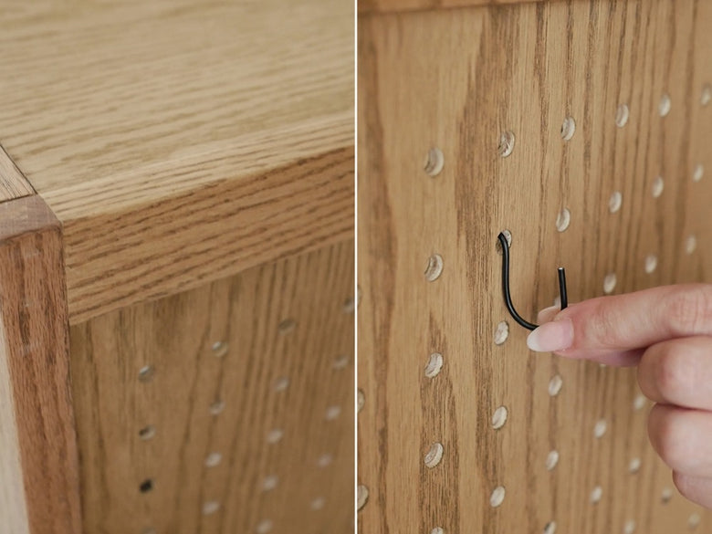 天然木のオープンシェルフ、引き出しとキャビネットを備えた木製家具の詳細画像